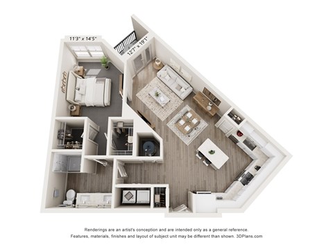 Floor plan for 1 bed, 1 bath, 920 sqft
